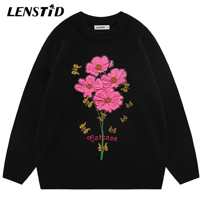LENSTID Autumn Men Knitted Jumper Sweaters Hip Hop Flower Butterfly Embroidery 2022 Streetwear Harajuku Fashion Casual Pullovers